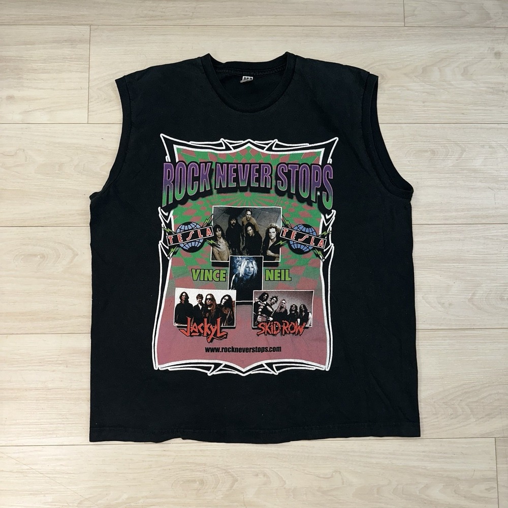 Vintage Rock Never Stops Tour 2002‎ Mens Tank top Size XL Tesla Vince Neil Band